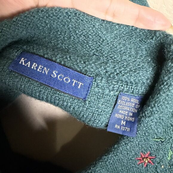 VTG Karen Scott Green Wool Embroidered Button Front Cardigan Sweater Womens M - Picture 2 of 10